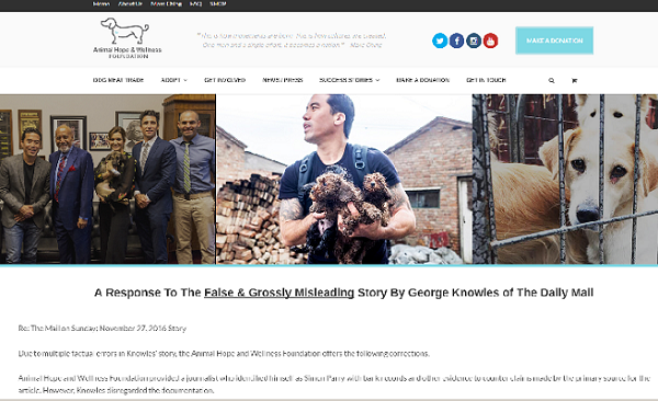 由Marc創辦的「動物希望及健康基金會」,針對《每日郵報》的報導,在官網上做出回應和駁斥。 取自The Animal Hope and Wellness Foundation