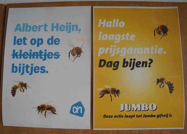 荷蘭綠色和平組織更改超市的宣傳海報口號,轉為拯救蜂群的宣傳海報。碎嘴/攝
