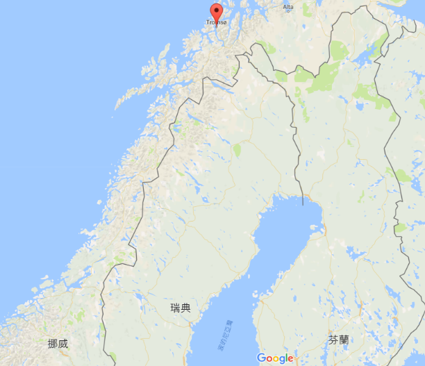 圖中紅標處即為挪威北方城市特羅姆瑟,這裡其實是座小島。