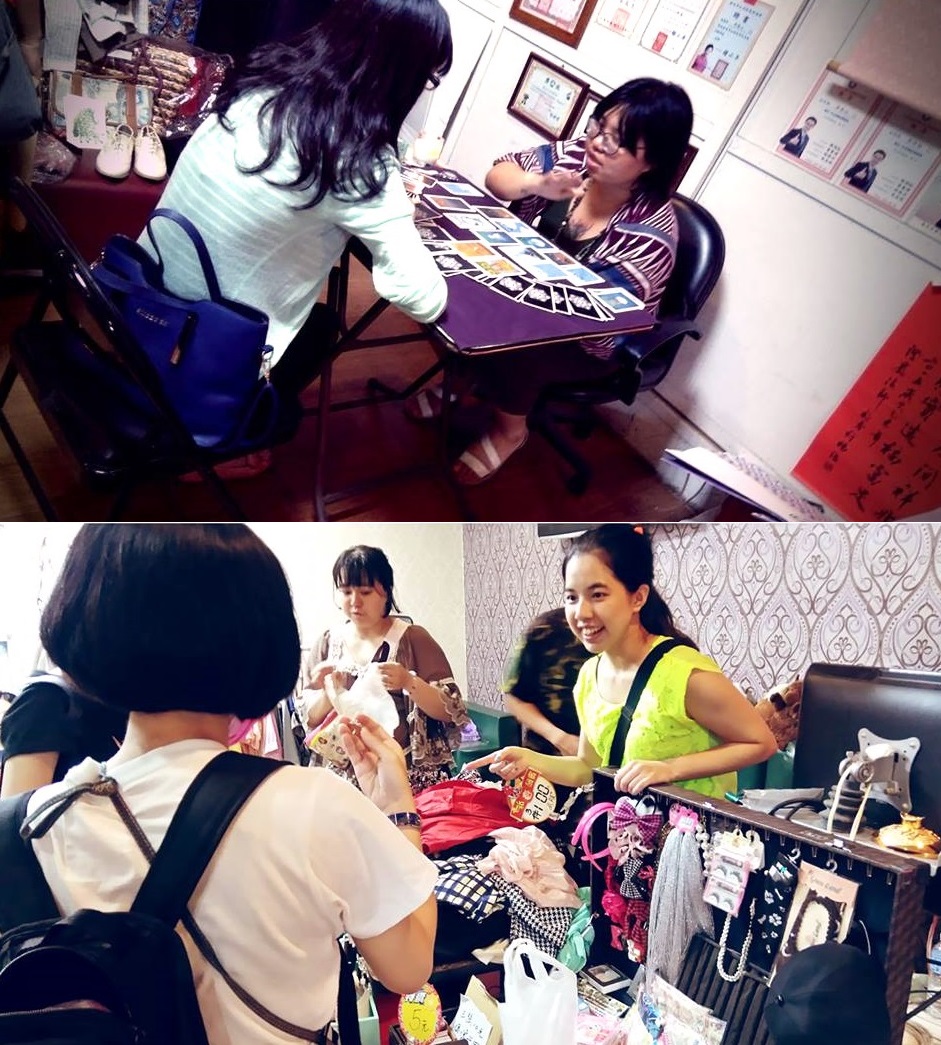 上為正在用卡牌幫民眾占卜的香魚、下為擺攤賣自己二手生活雜貨的rainy。Holiday ya／提供