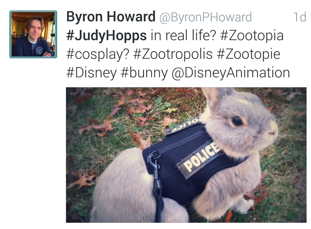 迪士尼動畫電影動物方程市導演也注意到Miss Bunz。取自twitter@Byron Howard