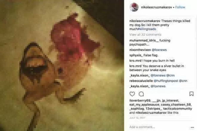 佛州校園槍擊案凶嫌在IG張貼自己殺死的動物屍體照。 翻攝自網路