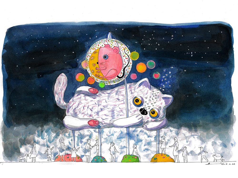 西區主燈走童趣風,以「鼠寶寶」與「大貓咪」共同打造童話般的場景。台北觀傳局/提供