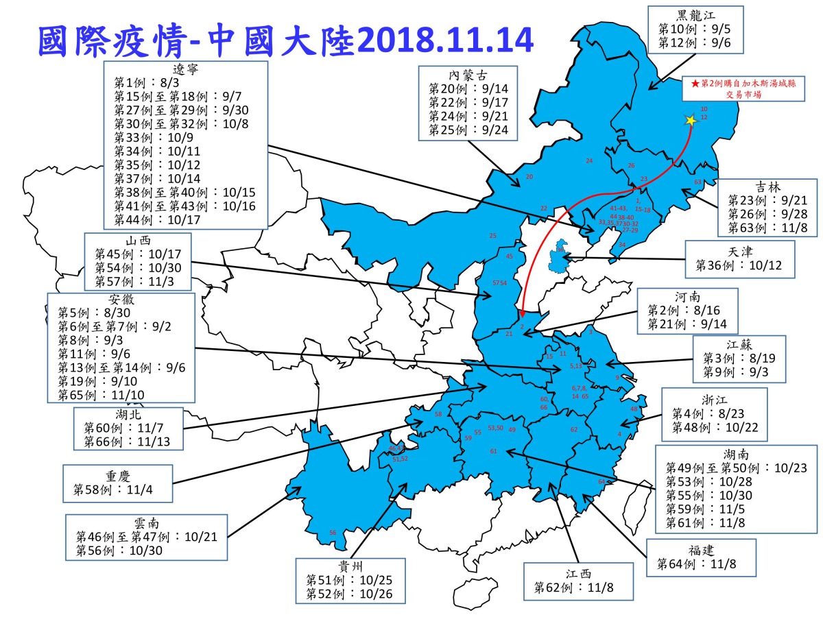 截至11月14日,中國的非洲豬瘟疫情已擴遺17省/市/區,達66案例。防檢局/提供