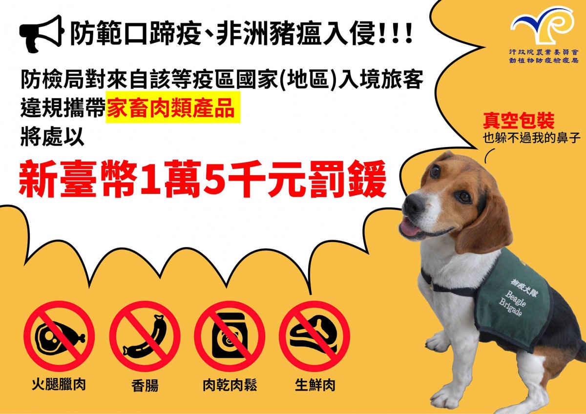 自18日起,防檢局起對於違規自非洲豬瘟或口蹄疫疫區國家攜帶家畜肉類產品入境者,一律最裁罰最高額罰鍰1萬5千元。取自動植物防疫檢疫局-防疫小尖兵粉絲專頁