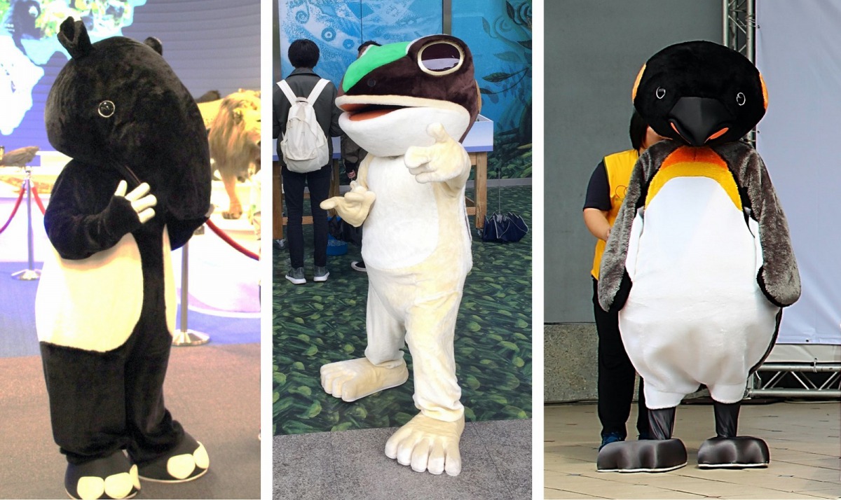 國王企鵝、馬來貘和台北赤蛙人偶擔任一日列車長，在遊園列車上與乘客們分享動物知識。台北市立動物園/提供