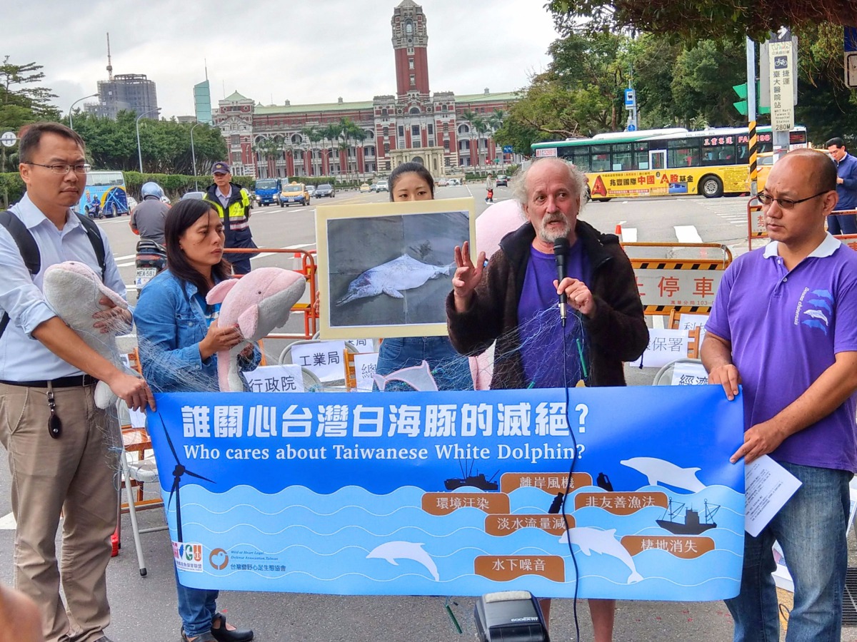 台灣媽祖魚保育聯盟、彰化縣環境保護聯盟以及台灣蠻野心足生態協會今（22）召開「誰來關心白海豚？」記者會。陳璽安/攝