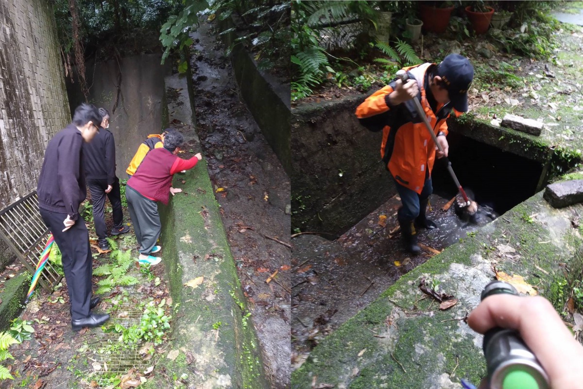 老米格魯受困於大排水溝的涵洞中,新北市動保處到場協助救援,不到一小時便救出受困的老米格魯。新北市動保處/提供