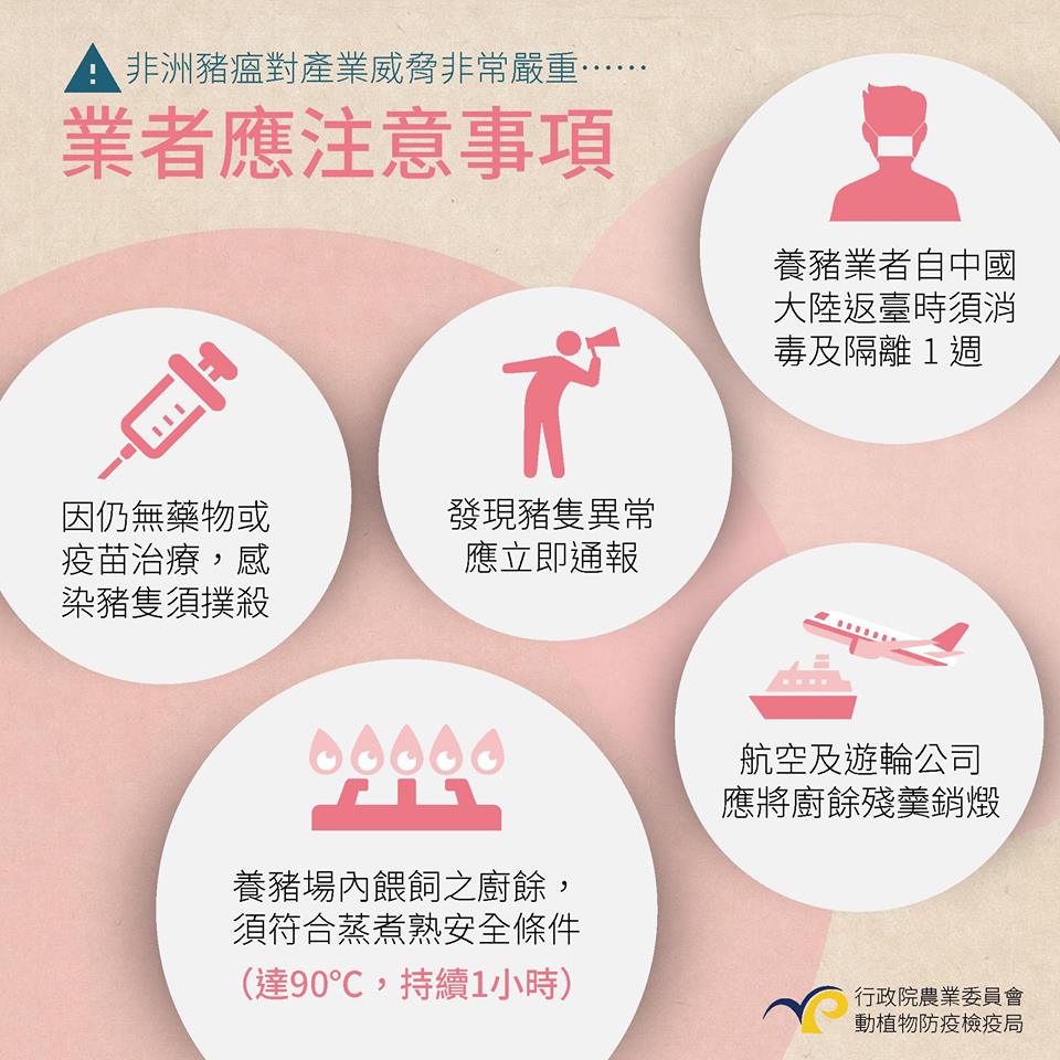 國內業者避免至疫區國家的牧場或屠宰場參訪,若至疫區國家參訪旅遊,回國後也須經淋浴、更換衣鞋及徹底消毒並隔離一週。取自動植物防疫檢疫局-防疫小尖兵臉書