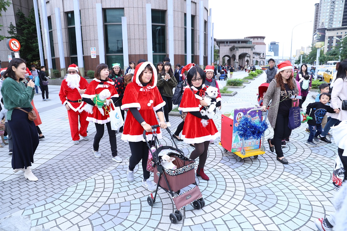 在「毛寶貝幸福耶誕趴」活動現場,許多飼主為寵物精心打扮。新北市動保處/提供