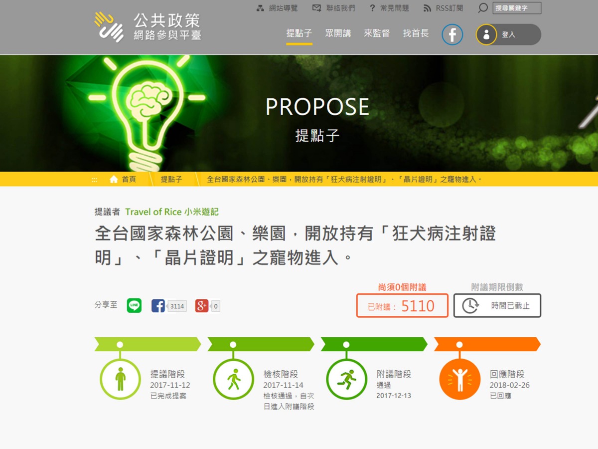 民眾於公共政策網路參與平台連署，希望能開放已注射狂犬病疫苗與施打晶片的寵物在有防護措施的情況下進入森林遊樂區。取自公共政策網路參與平台網站