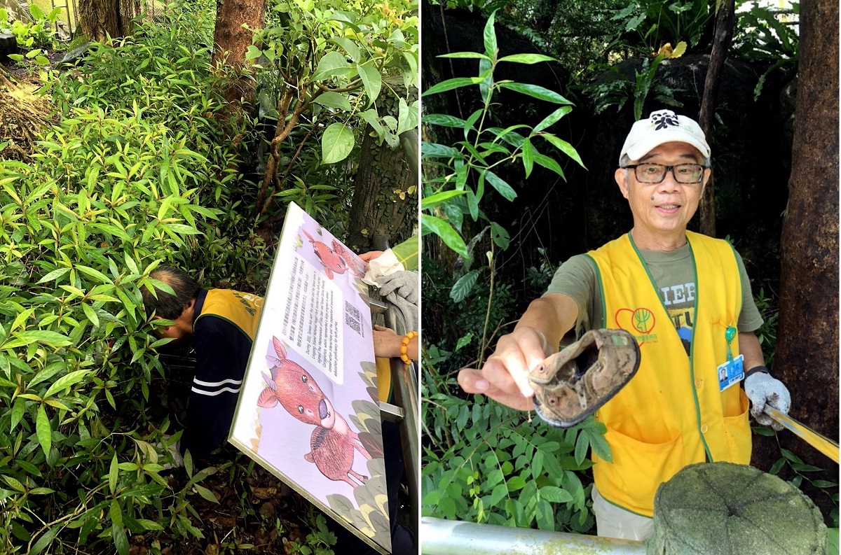 志工們也針對動物園清潔人員平常無法到達的區域，進行地毯式的搜索，竟然還清出了鞋子。台北市立動物園/提供