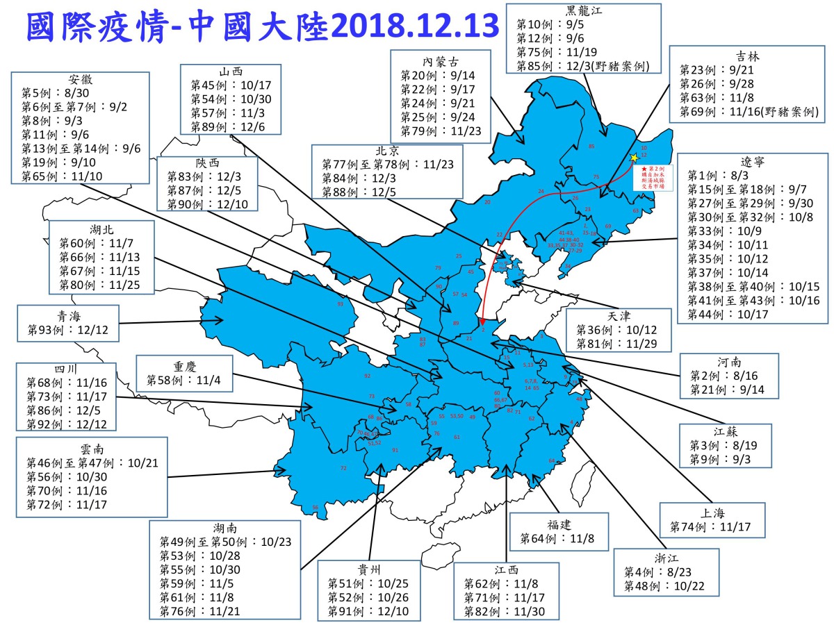 中國大陸非洲豬瘟疫情已擴及至22個省/區，共93例。防檢局/提供