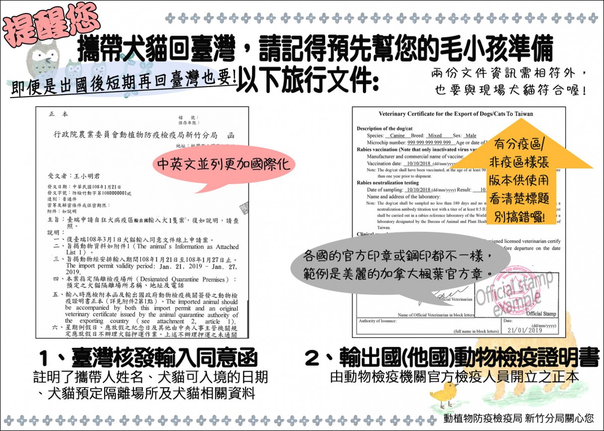 帶犬貓回台灣，需要的文件有這些。翻攝自防檢局新竹分局粉絲專頁