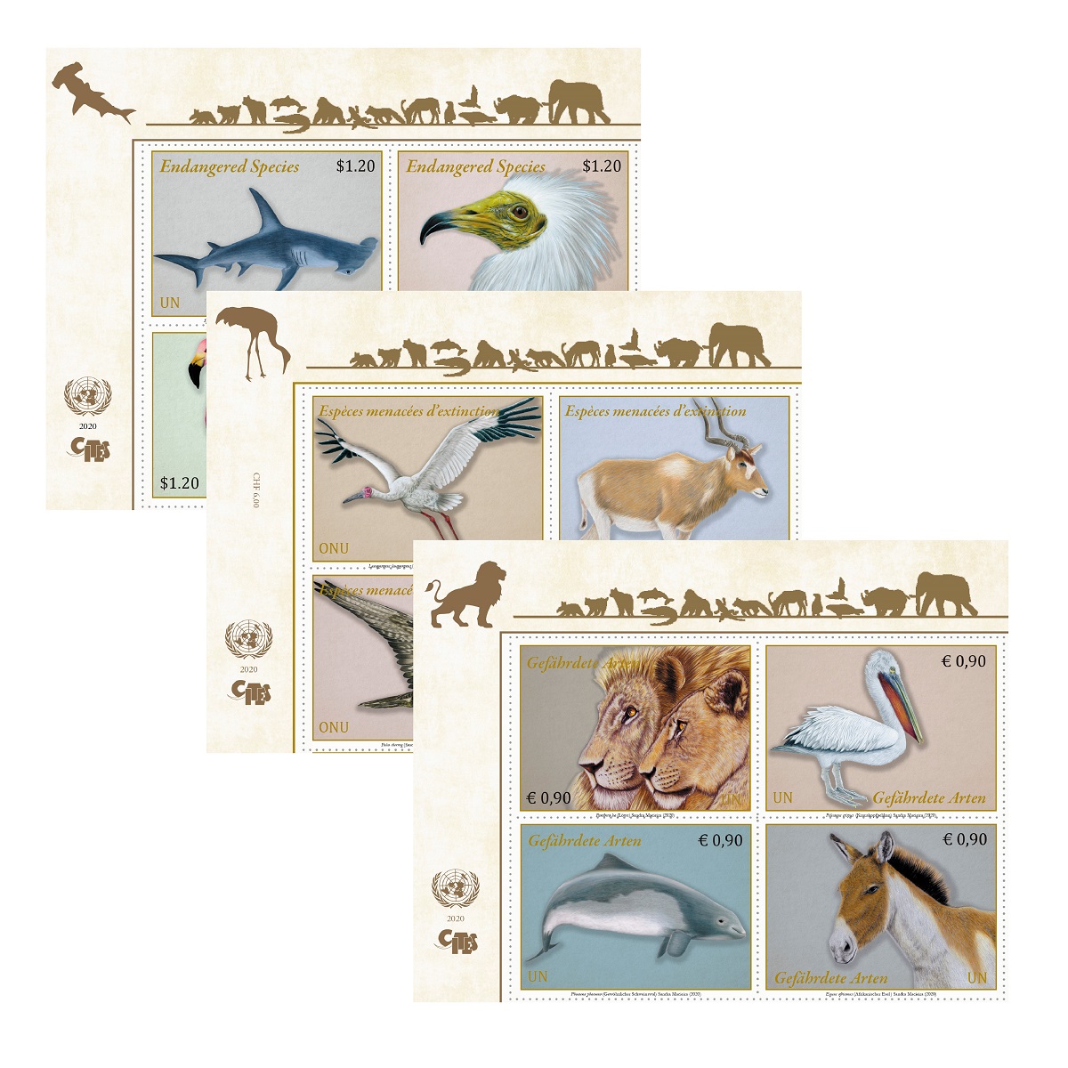 第27版聯合國瀕危物種郵票以12種遷徙動物為主角。翻攝自UNPA網站