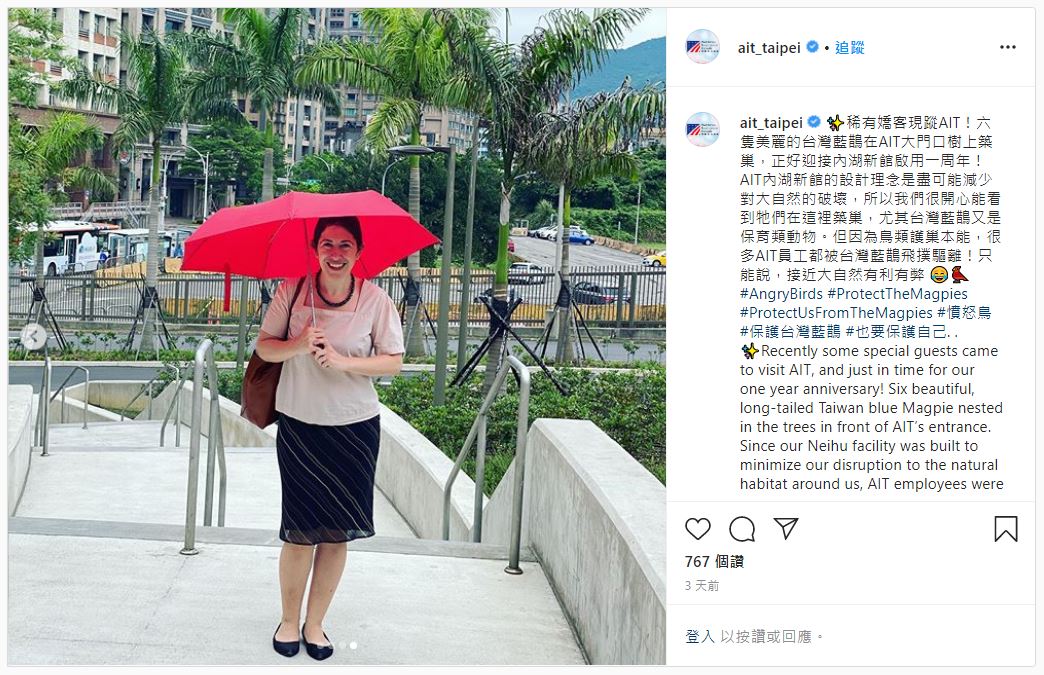 美國在台協會（AIT）便是藍鵲襲人的「重災區」之一，許多員工都曾被藍鵲攻擊。翻攝自美國在台協會Instagram