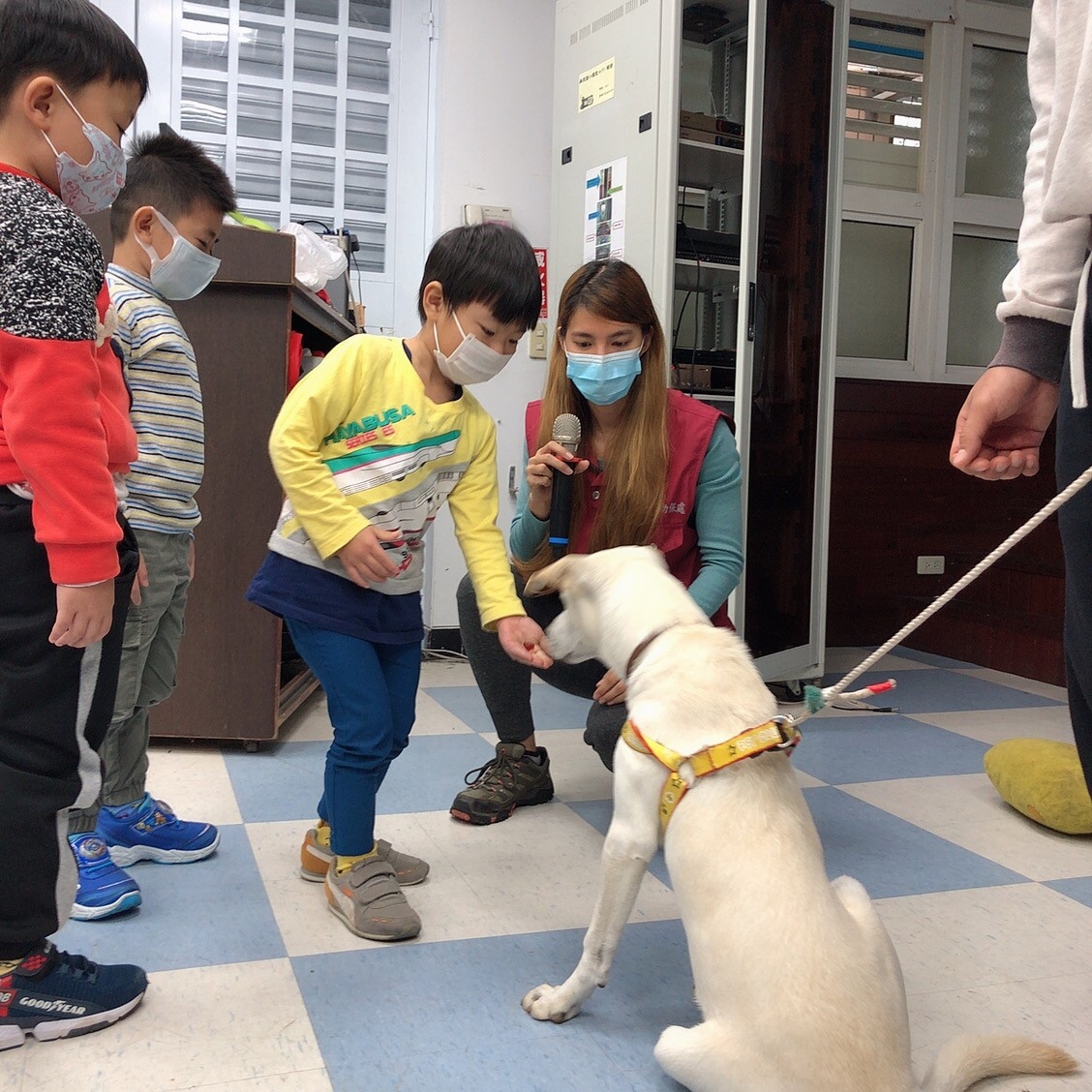 獸醫師毛品樺引導鼻頭國小學生與AKI互動。新北市動保處/提供