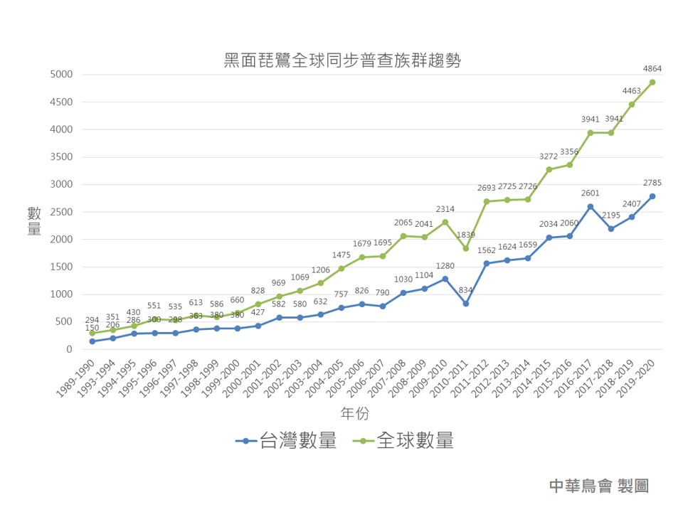 歷年黑面琵鷺全球普查結果。圖片來源：中華鳥會