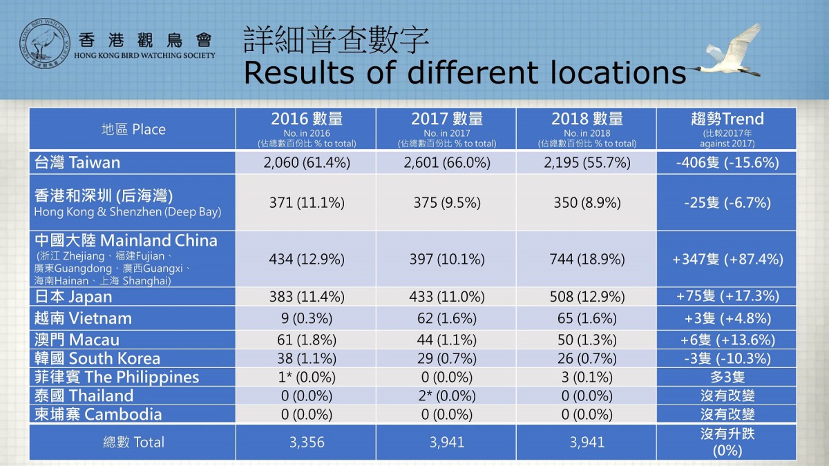 2016年至2018年全球各地黑面琵鷺普查數量變化。香港觀鳥會/提供