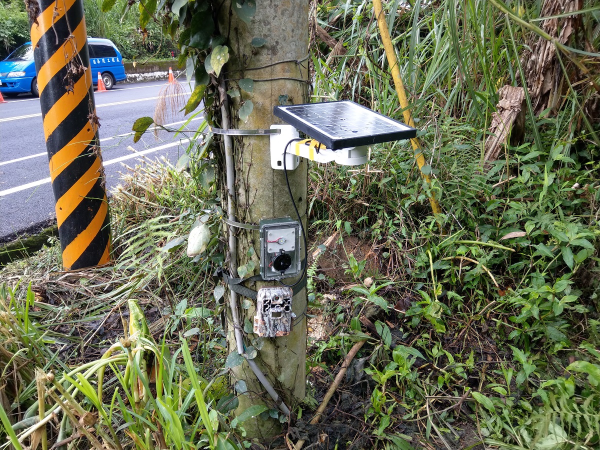 圖為「聲光波生物緩速設備」，使設備會以聲波或光波來警示動物，讓動物暫時性被吸引注意力，延緩動物走上道路的時間，避免路殺發生。陳璽安/攝