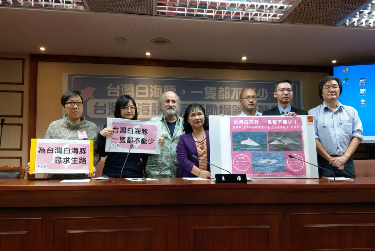 環團於今（25）日下午在立法院召開「台灣白海豚，一隻都不能少！」記者會。陳璽安/攝