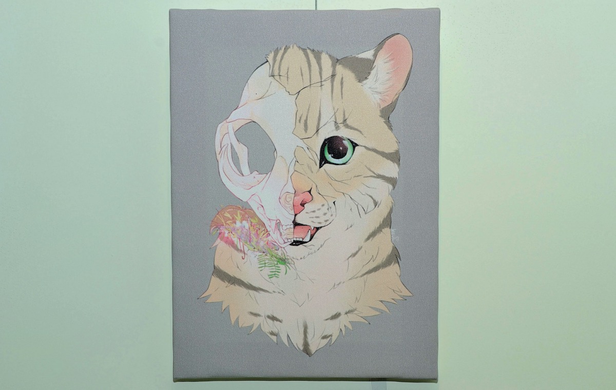 插畫家芒果畫筆下的「石虎」，美麗卻易碎，露出的頭骨突顯牠們受路殺威脅而面臨了嚴峻的生存考驗。芒果/畫，野生動物追思會/提供