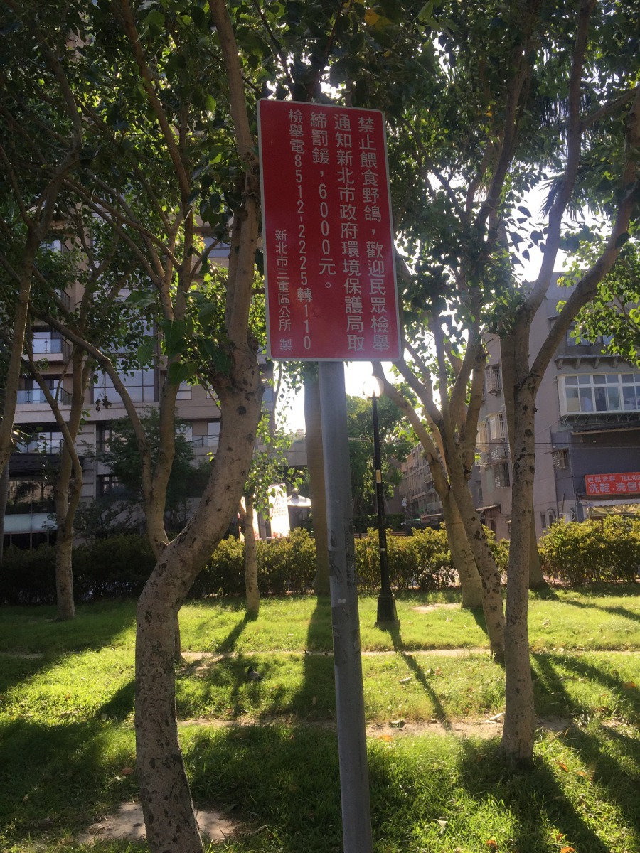 公所每日巡查並在公園設置禁止餵食禽鳥告示牌，請民眾配合。新北市動保處/提供
