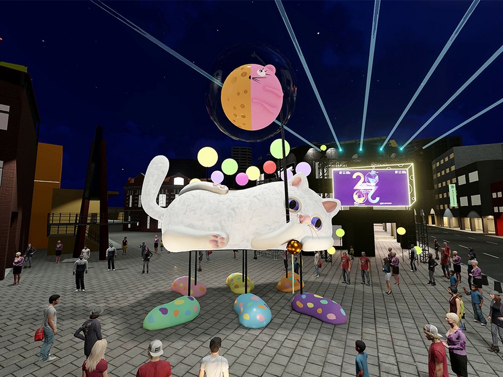 西區主燈走童趣風,以「鼠寶寶」與「大貓咪」共同打造童話般的場景。圖片來源:中央社