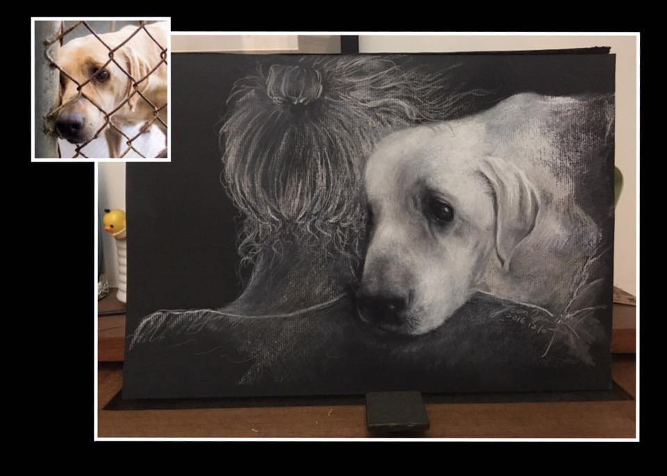 丸子的朋友響應「你領養，我送畫」活動，畫出狗兒渴望愛的模樣。丸子/提供