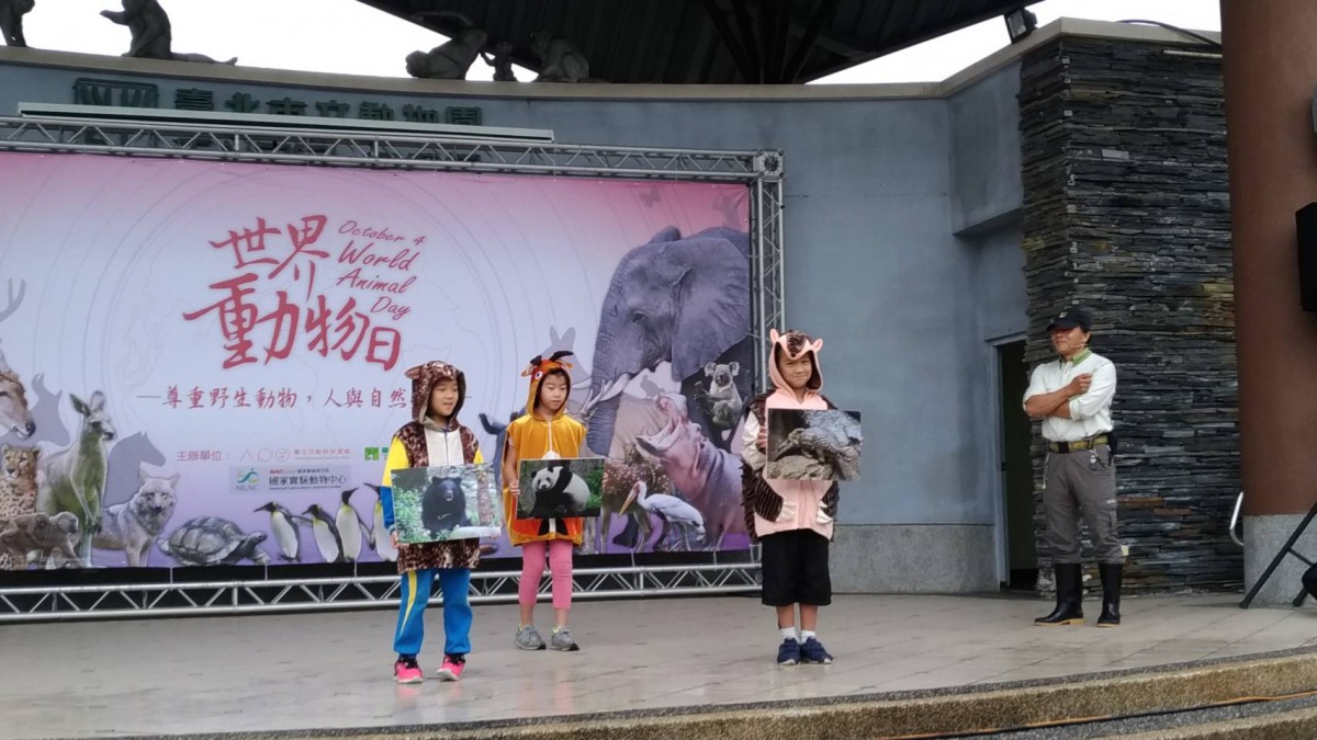 小朋友們扮演石虎、穿山甲、台灣黑熊、大熊貓等動物,協助示範響片訓練的過程。台北市立動物園/提供