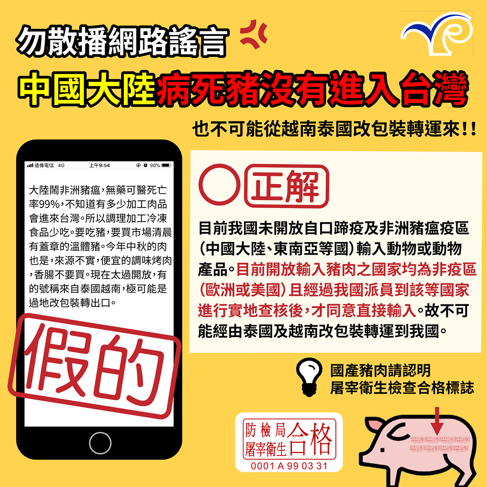 防檢局澄清謠言,指中國豬肉不可能經由泰國及越南而轉運我國。取自動植物防疫檢疫局-防疫小尖兵粉絲專頁