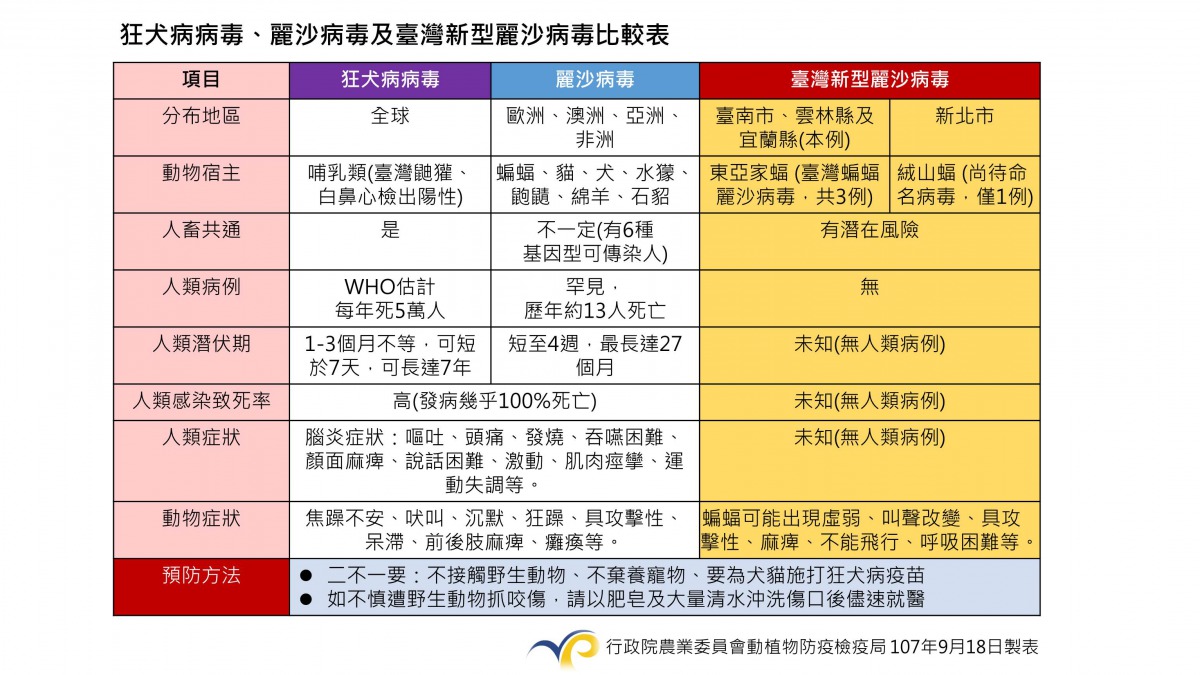 狂犬病病毒、麗沙病毒及臺灣新型麗沙病毒比較表。防檢局/提供
