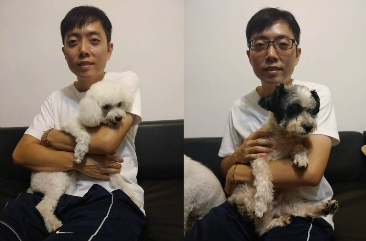 王先生與「冠軍」(左)、「旺旺」(右)合影。新北市動保處/提供