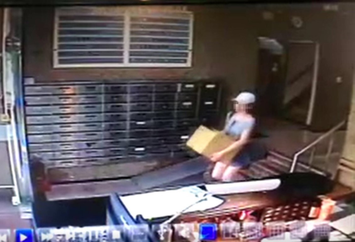 台北市動保處找到關鍵影像，圖為行為人雙手抱持紙箱步出住處電梯。台北市動保處/提供