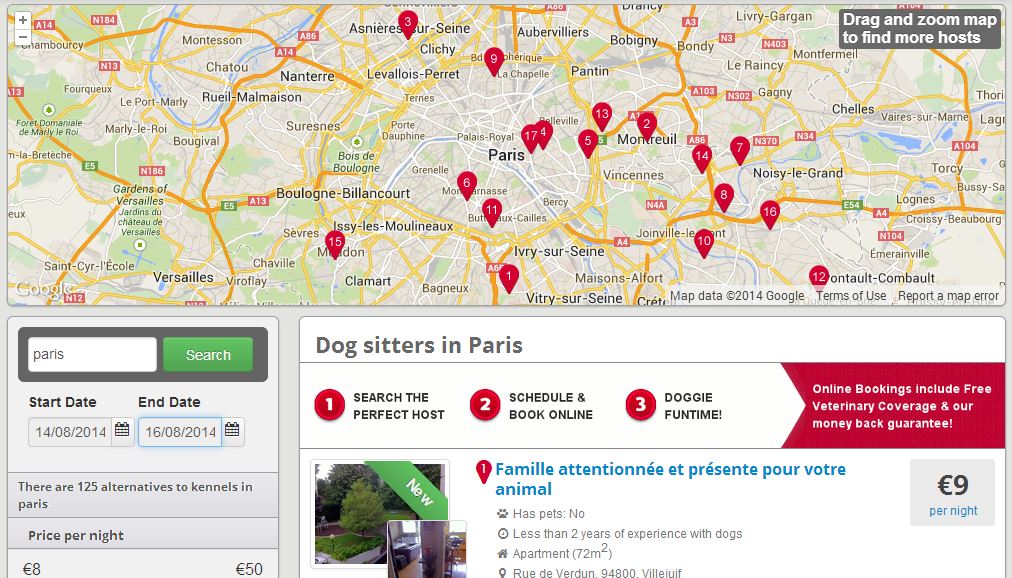 搜尋出的清單會列出寄養家庭有無寵物、寄養家庭與動物相處的經驗、空間大小等資訊。　網站截圖