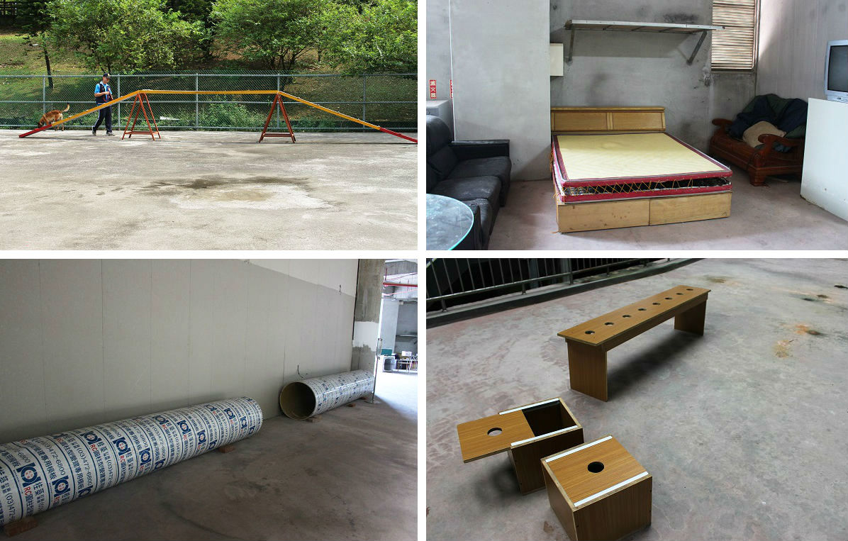 新北市警犬隊的訓練器材，幾乎都是領犬員們自行利用廢棄物製作。 李娉婷/攝