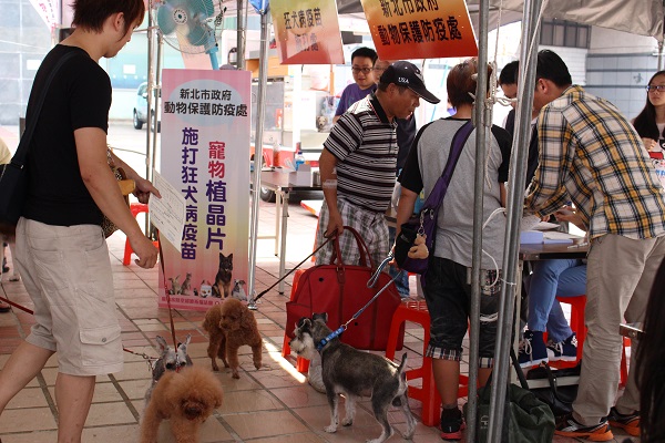 許多飼主帶著寵物前來施打狂犬病疫苗。 李娉婷/攝
