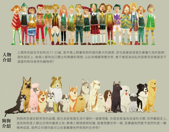 修改階段中的角色設計圖,原先狗狗都設定為品種犬,在募資階段得到民眾建議加入了米克斯犬。 flyingV網站截圖