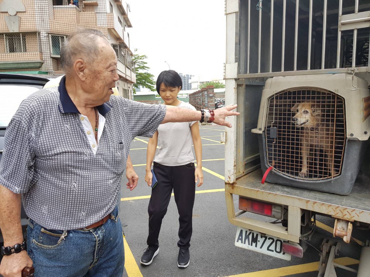 89歲老榮民不捨地跟愛犬「妞妞」道別。 新北市動保處/提供