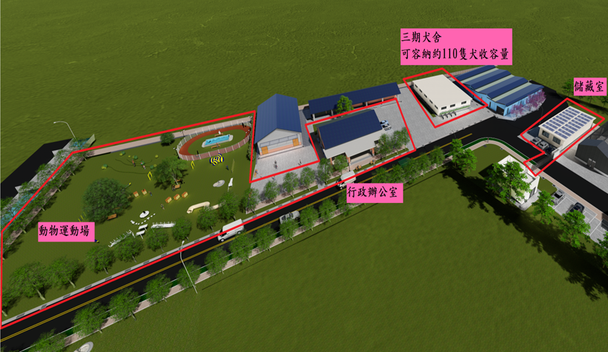 苗栗生態保育教育中心第三期工程示意圖，包括新增犬舍及動物運動場。 苗栗動保所/提供