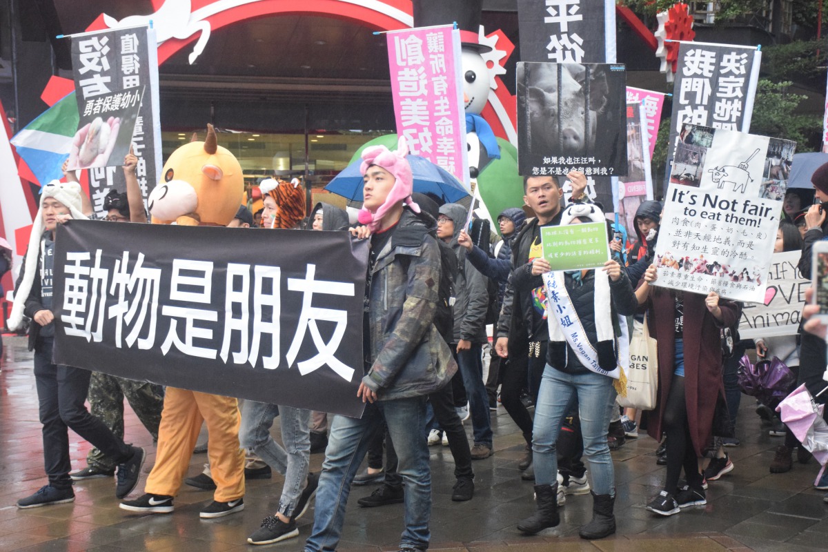 民眾以「動物是朋友」為口號在信義區街頭遊行。 姚崇仁/攝