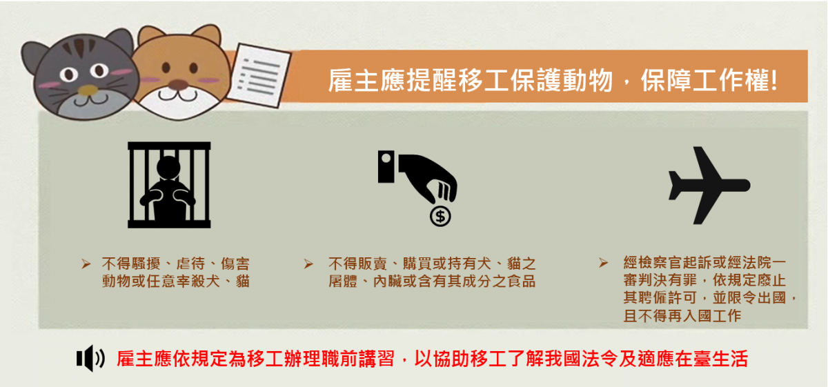 雇主應協助移工了解台灣動物保護相關法令,以免受罰。 勞動部/提供