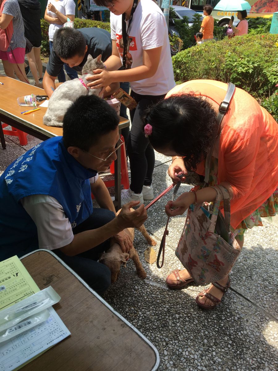 獸醫師會在狂犬病疫苗注射活動為飼主解說施打疫苗注意事項。 新北市動保處/提供