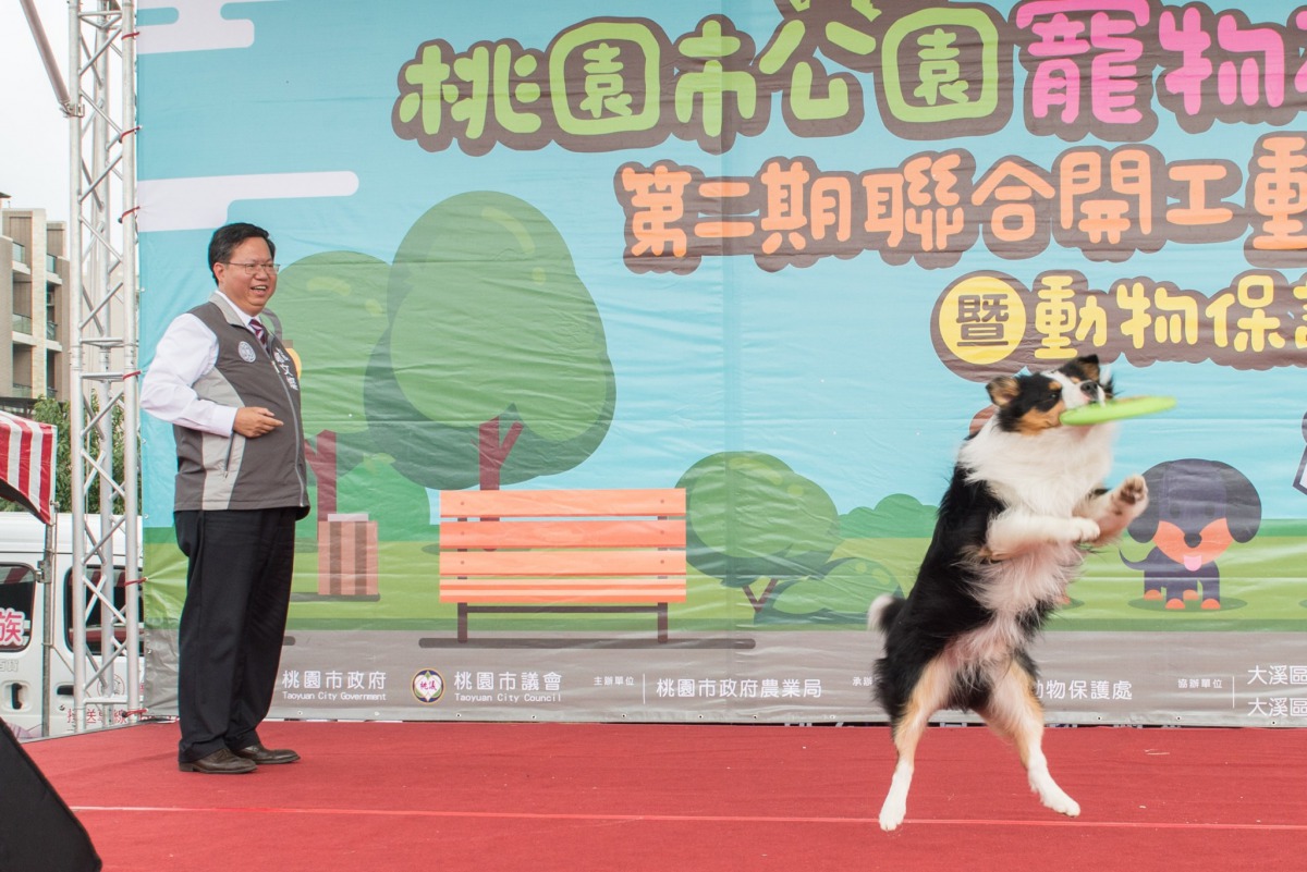 桃園市長鄭文燦與現場的毛小孩互動。 桃園市政府/提供