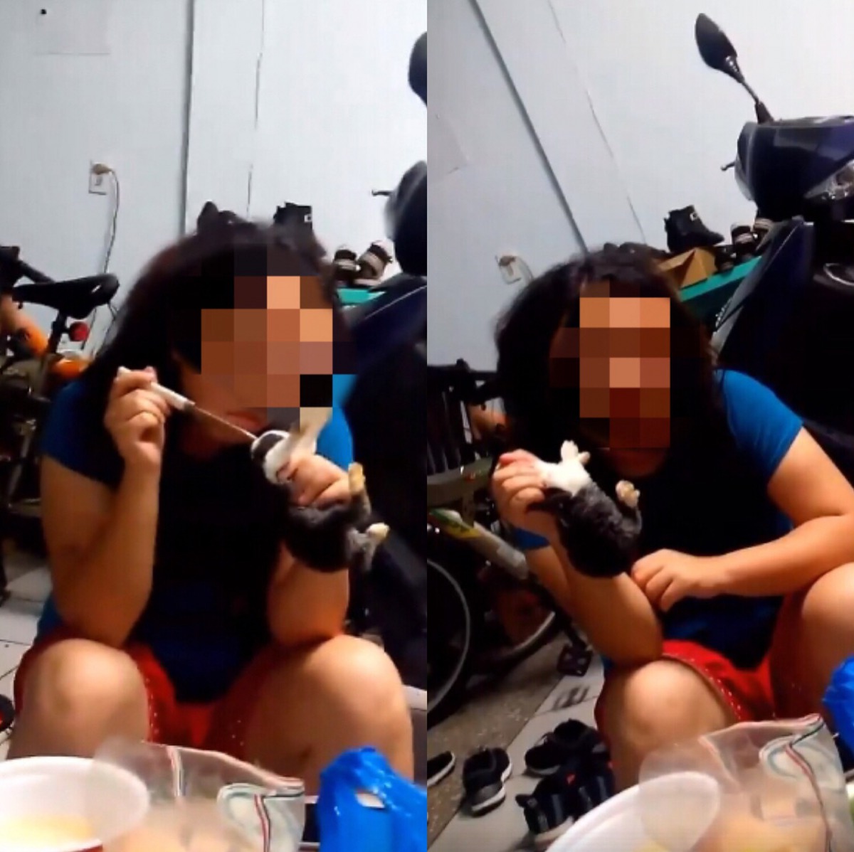 29歲林姓女子拿水果刀劃兔子，並且還用手掐住兔的耳朵。截自/臉書「爆廢公社」