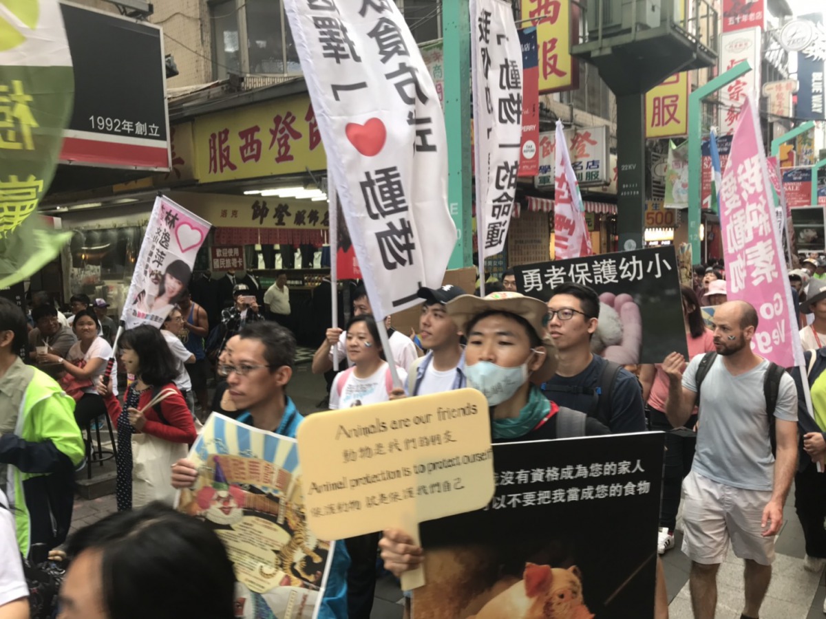 參加遊行的民眾手裡拿著各式各樣的旗幟或是看板並且呼喊著口號。 姚崇仁/攝