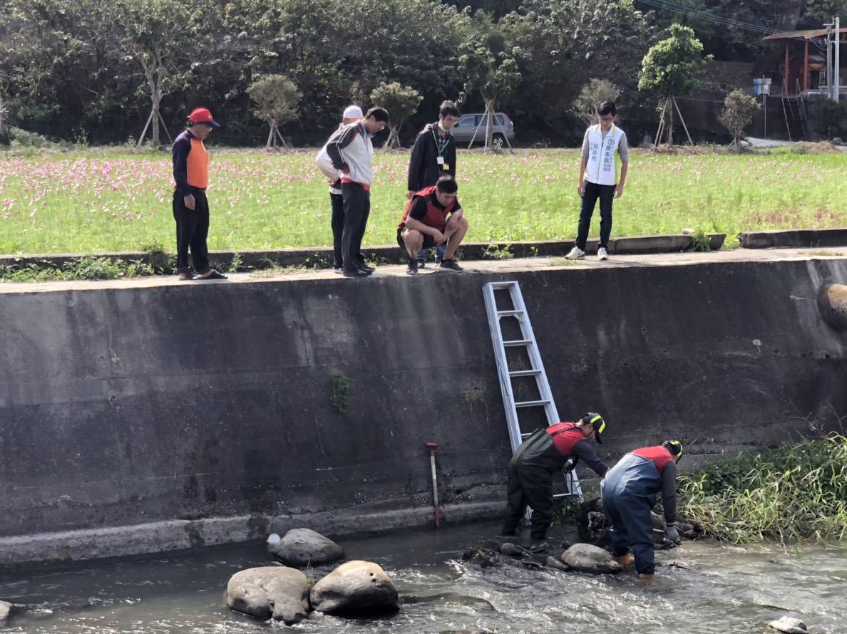 台中電火溪河床上發現犬隻屍體,動保處和區公所人員到現場處理。 台中市動保處/提供