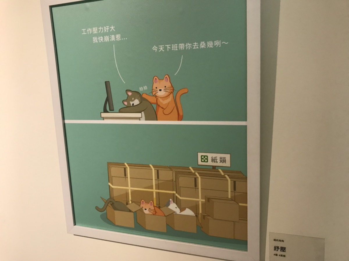 「紐約狗狗」的作品，描述貓咪只有待在紙箱內就能舒壓。 姚崇仁/攝