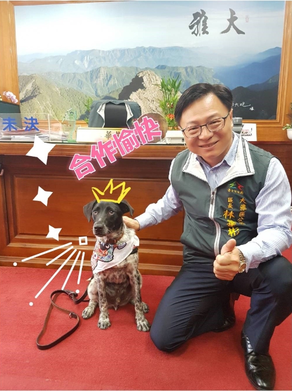 大雅區長林華彬以及擔任一日區長的「Puma」。 台中動保處/提供