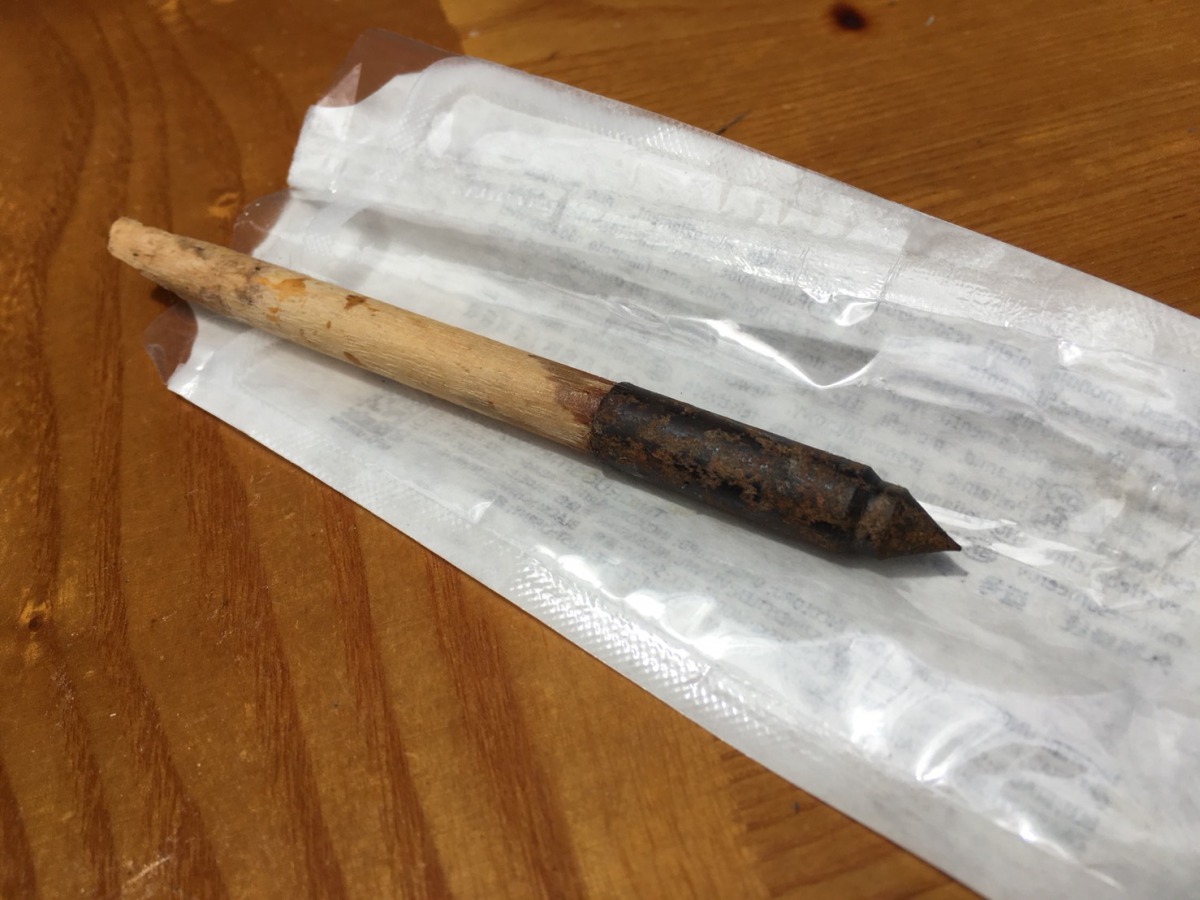 從「橘子」體內取出的生鏽弓箭。 苗栗動物保護防疫所/提供